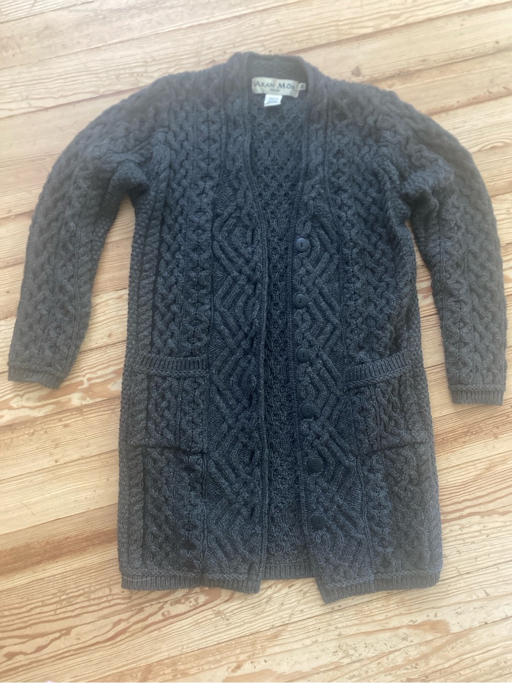 Aran Wool Cable Knit Long Cardigan Sweater - Charcoal